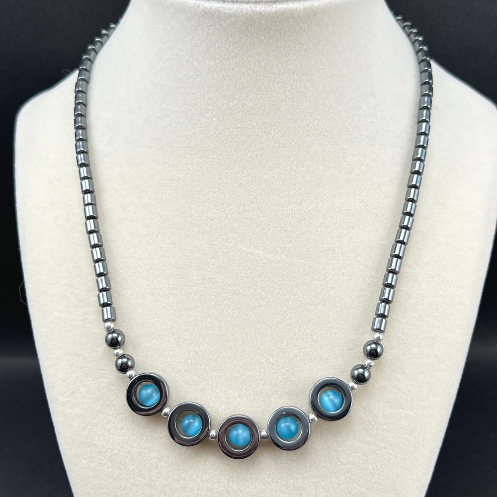 Hematite Beaded Necklace Grey Blue Cats Eye Geometric Modern 18"